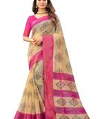 Beige printed cotton saree with blouse