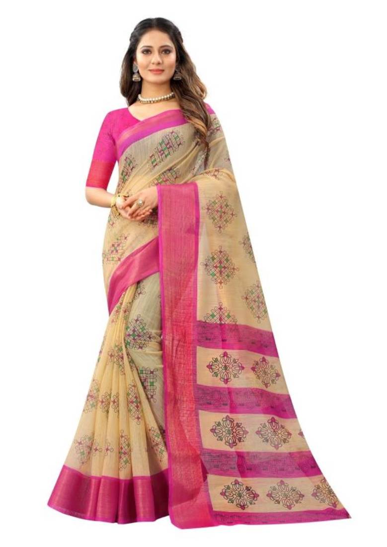 Beige printed cotton saree with blouse