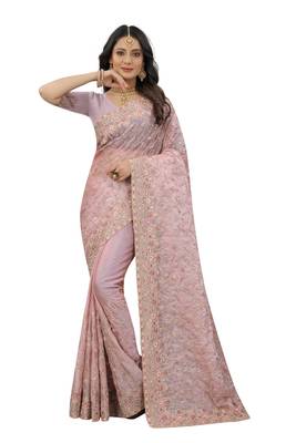 Pink embroidered organza saree with blouse 1