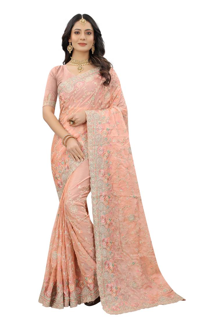 Women's Organza Peach Embroidered Designer Saree With Blouse Piece