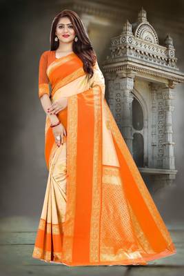 Beige & Orange Color Litchi Silk Saree & Un-Stitched Blouse 1