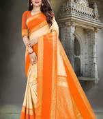 Beige & Orange Color Litchi Silk Saree & Un-Stitched Blouse