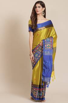 Yellow embroidered cotton saree with blouse