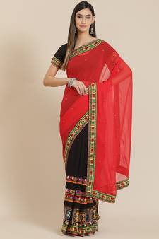 Red embroidered georgette saree with blouse