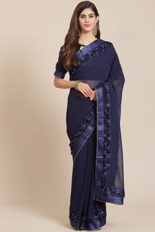 Navy blue embroidered georgette saree with blouse