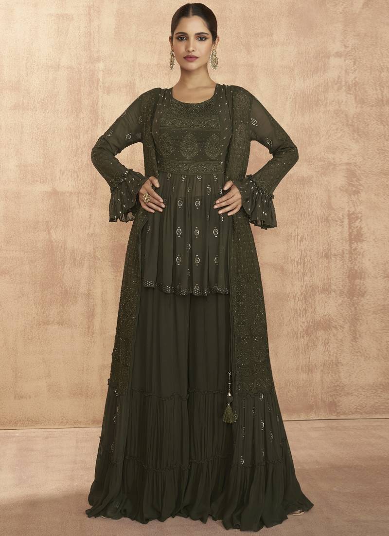 olive green peplum dress Stunning Olive Green Beaded Peplum Gown with Pleated Skirt Rofial Beauty