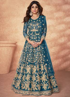 Turquoise Embroidered Net Anarkali Suit 1