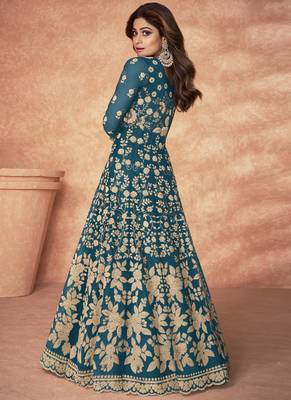 Turquoise Embroidered Net Anarkali Suit 2