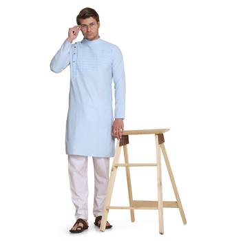 Blue plain cotton kurta-pajama 1