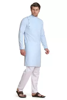 Blue plain cotton kurta-pajama