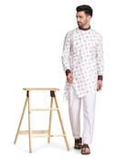 White printed cotton kurta-pajama