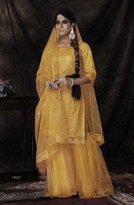Glamourous Mustard Sequins Embroidered Net Salwar Kameez Semi Stitched 1