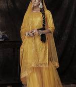 Glamourous Mustard Sequins Embroidered Net Salwar Kameez Semi Stitched