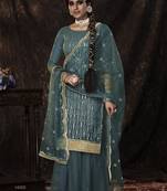 Bewitching Dark Firozi Sequins Embroidered Net Salwar Kameez Semi Stitched