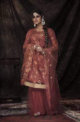 Mesmerizing Dark Orange Sequins Embroidered Net Salwar Kameez Semi Stitched 1