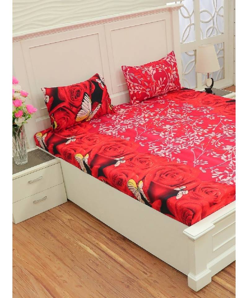 Red Microfiber Double Floral Bedsheet With  Matching Pillow Covers