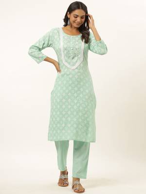 Sea-green printed rayon ethnic-kurtis 1