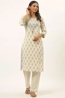 White printed rayon ethnic-kurtis