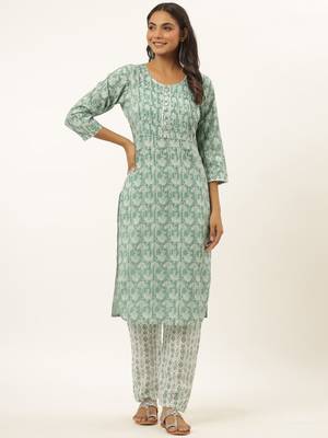 Sea-green printed rayon ethnic-kurtis 1