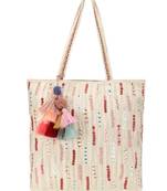 Boho Off White & Multi Lehriya Striped Embellished Tote Bag
