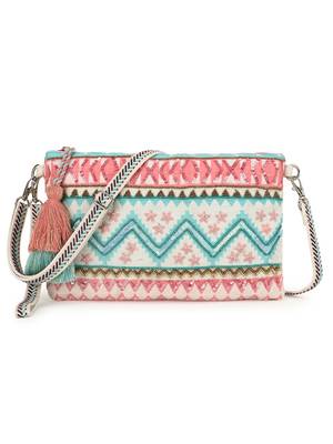 Ghoomar Pink & Turquoise Acrylic Cotton Canvas Striped Embellished Sling Bag 1