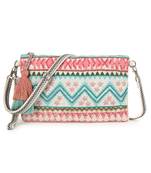 Ghoomar Pink & Turquoise Acrylic Cotton Canvas Striped Embellished Sling Bag