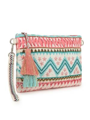 Ghoomar Pink & Turquoise Acrylic Cotton Canvas Striped Embellished Sling Bag 2