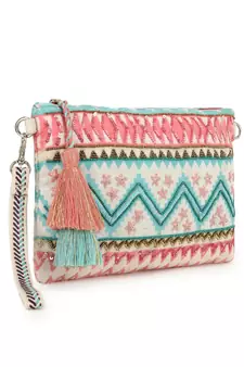 Ghoomar Pink & Turquoise Acrylic Cotton Canvas Striped Embellished Sling Bag