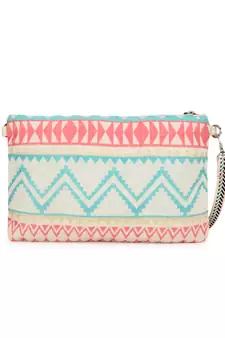 Ghoomar Pink & Turquoise Acrylic Cotton Canvas Striped Embellished Sling Bag