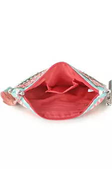 Ghoomar Pink & Turquoise Acrylic Cotton Canvas Striped Embellished Sling Bag