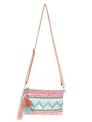 Ghoomar Pink & Turquoise Acrylic Cotton Canvas Striped Embellished Sling Bag 5