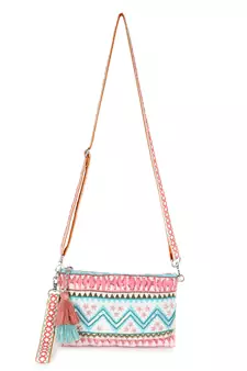 Ghoomar Pink & Turquoise Acrylic Cotton Canvas Striped Embellished Sling Bag