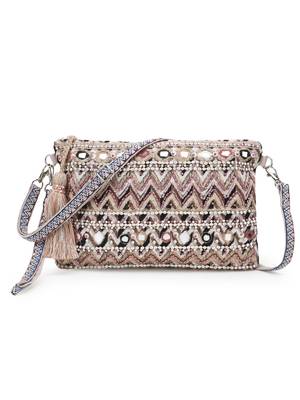 Anekaant Tribal Champagne & Multi Acrylic Cotton Canvas Striped Embellished Sling Bag 1