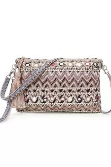 Anekaant Tribal Champagne & Multi Acrylic Cotton Canvas Striped Embellished Sling Bag