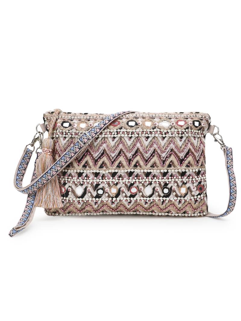 Anekaant Tribal Champagne & Multi Acrylic Cotton Canvas Striped Embellished Sling Bag