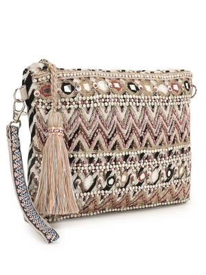 Anekaant Tribal Champagne & Multi Acrylic Cotton Canvas Striped Embellished Sling Bag 2