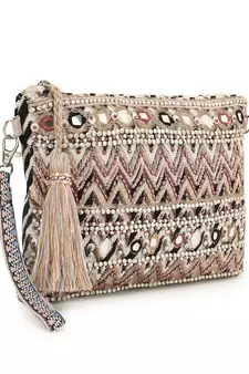 Anekaant Tribal Champagne & Multi Acrylic Cotton Canvas Striped Embellished Sling Bag