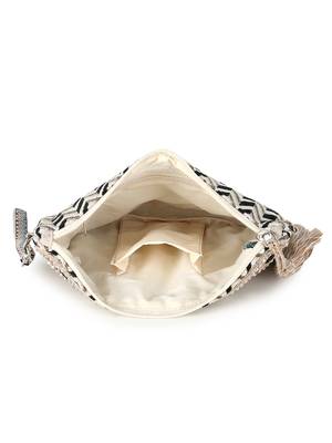 Anekaant Tribal Champagne & Multi Acrylic Cotton Canvas Striped Embellished Sling Bag 4