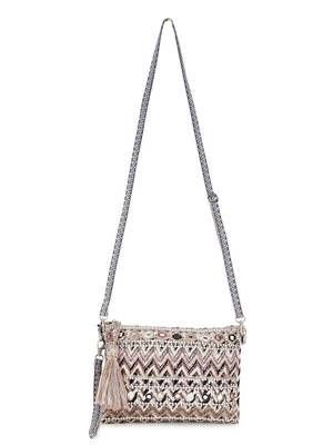 Anekaant Tribal Champagne & Multi Acrylic Cotton Canvas Striped Embellished Sling Bag 5