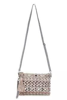 Anekaant Tribal Champagne & Multi Acrylic Cotton Canvas Striped Embellished Sling Bag