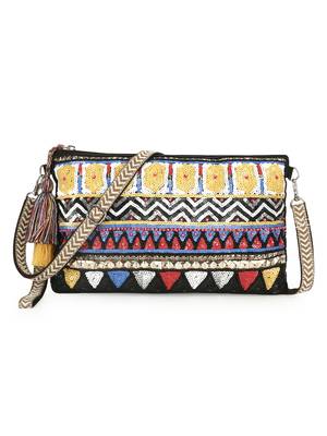 Anekaant Tribal Black & Multi Acrylic Cotton Canvas Striped Embellished Sling Bag 1