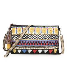 Anekaant Tribal Black & Multi Acrylic Cotton Canvas Striped Embellished Sling Bag
