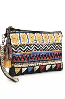 Anekaant Tribal Black & Multi Acrylic Cotton Canvas Striped Embellished Sling Bag