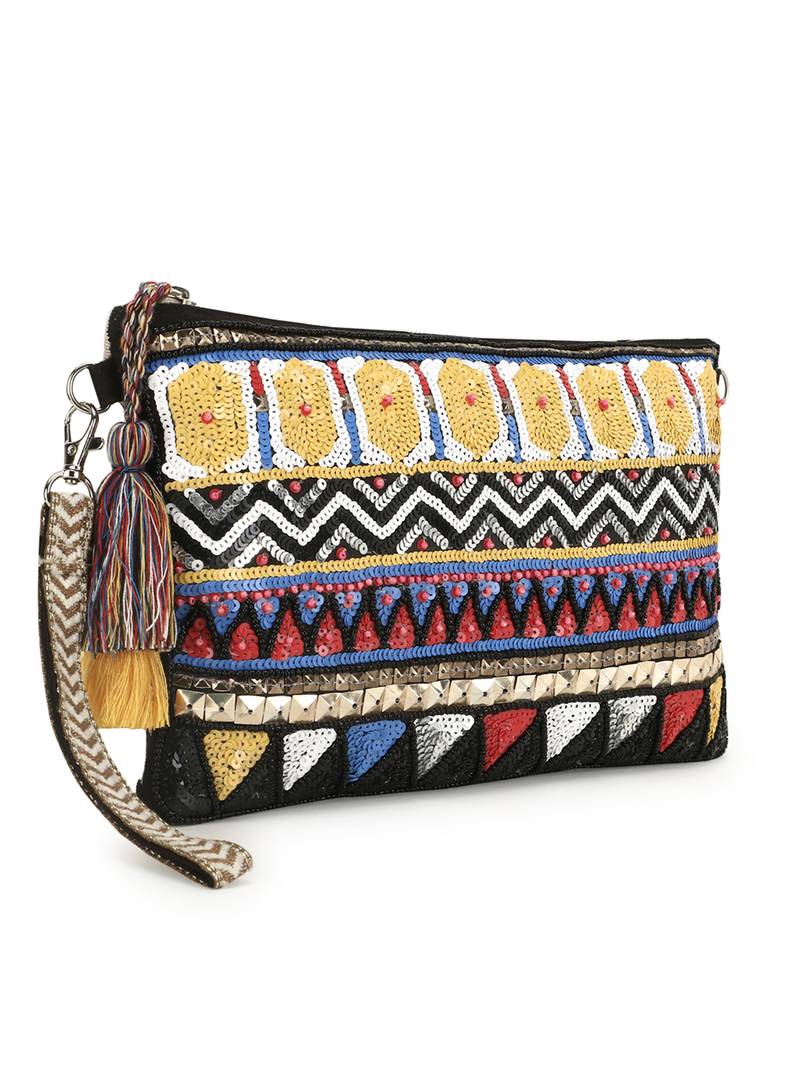 Anekaant Tribal Black & Multi Acrylic Cotton Canvas Striped Embellished Sling Bag