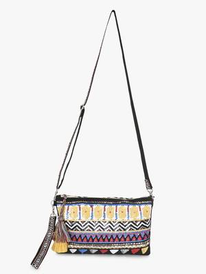 Anekaant Tribal Black & Multi Acrylic Cotton Canvas Striped Embellished Sling Bag 5