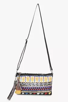 Anekaant Tribal Black & Multi Acrylic Cotton Canvas Striped Embellished Sling Bag