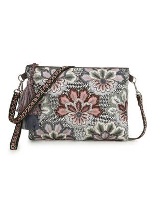 Ghoomar Charcoal & Multi Acrylic Cotton Canvas Floral Embellished Sling Bag 1
