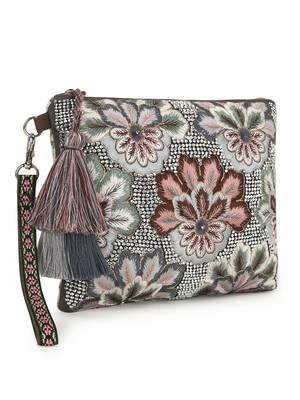 Ghoomar Charcoal & Multi Acrylic Cotton Canvas Floral Embellished Sling Bag 2