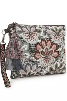 Ghoomar Charcoal & Multi Acrylic Cotton Canvas Floral Embellished Sling Bag
