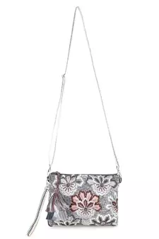 Ghoomar Charcoal & Multi Acrylic Cotton Canvas Floral Embellished Sling Bag